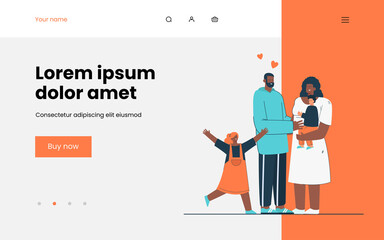 Family welcoming foster child. Black woman holding white boy. Everyone happy and loving. Girl jumping joyfully. Foster parenting concept for banner, website design or landing web page