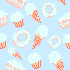 Seamless background with muffins, cakes and ice cream. Packaging. Festive textile design.