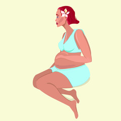 A pregnant woman sits in her underwear and holds her belly. Modern illustration