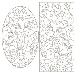 Set of contour illustrations in the style of stained glass with a pair of cartoon cats, dark outlines on a white background