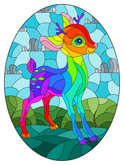 Illustration in stained glass style with a rainbow fawn on the background of green meadows, mountains and cloudy sky, oval image