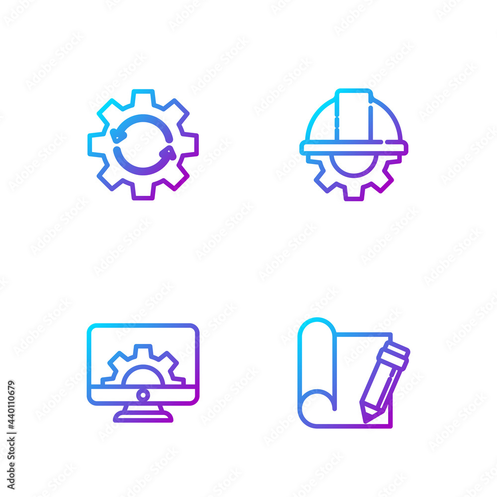 Poster set line graphing paper and pencil, computer monitor gear, gear arrows as workflow and worker safety