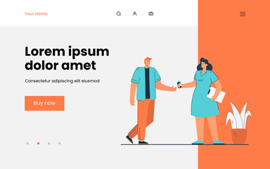 Cartoon doctor giving medicine to man. Flat vector illustration. Woman in white coat holding out tube or jar of pills to guy. Medicine, treatment, disease concept for banner design or landing page