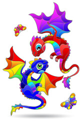 Set of illustrations in the style of stained glass with cartoon dragons, animals isolated on a white background