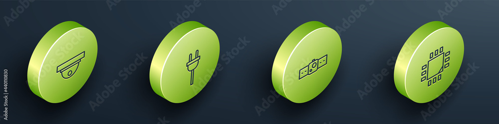 Poster Set Isometric Motion sensor, Electric plug, Smartwatch and Processor with microcircuits CPU icon. Vector