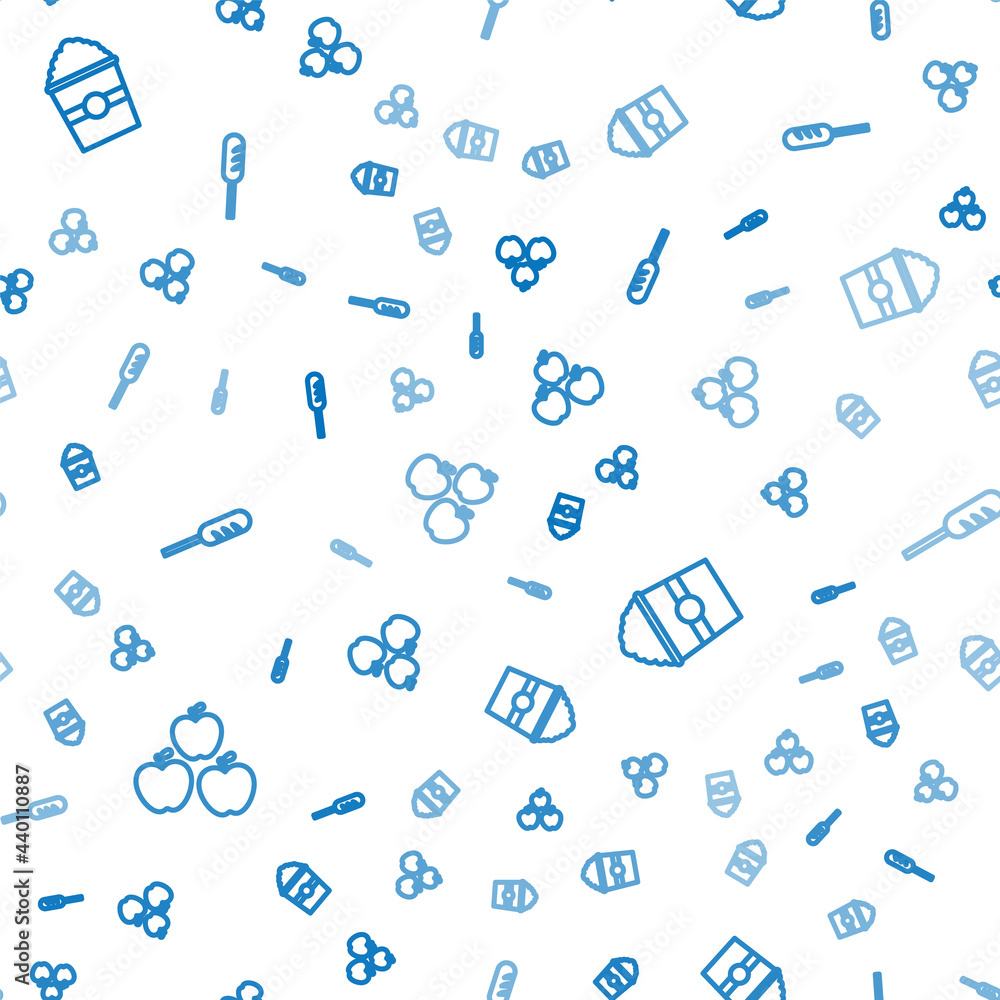 Poster set line apple, popcorn in box and fried sausage on seamless pattern. vector