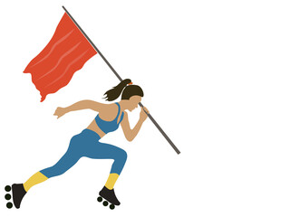 woman wearing skateboard shoes hand holding a running flag with white background