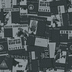 Monochrome seamless pattern with a collage of newspaper clippings. Abstract background in grey and black colors with unreadable text, headlines and illustrations. Wallpaper, wrapping paper, fabric