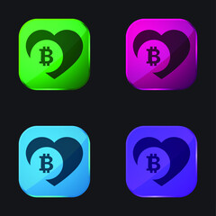 Bitcoin Love Heart four color glass button icon