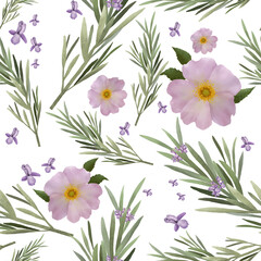 Floral pattern with realistic delicate rose flowers and leaves, rosemary, ingredients for herbal tea. Plant background for fashion, wallpapers, print. A lot of different flowers on the field. 