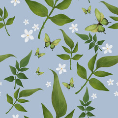 Wild meadow jasmine flowers and green butterflies seamless pattern. Background with greenery hand-drawn illustration. Nature illustration for wrapping paper, textile, decorations.