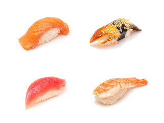Set of 4 sushi isolated on white. Salmon - Sake, Eel - Unagi, Prawn - Ebi, Tuna - Maguro sushi set