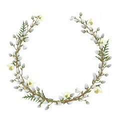 Spring wreath of willow twigs with fluffy catkins and leaves. Realistic round and delicate drawing for Easter or wedding. Hand painted isolated on white