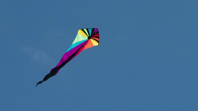 Air Serpent Trembles to the Wind. Bright multicolored kite gaily fluttering against the sky. Filmed at a speed of 120fps