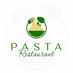 Pasta restaurant logo. Italian restaurant logo. Circle spoon and fork. Italian food. Spaghetti.