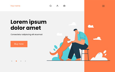 Cartoon sad man with dog flat vector illustration. Male character sitting on chair and looking at pet touching his knees. Stress, sadness, trouble, animal, pet, support concept for banner design