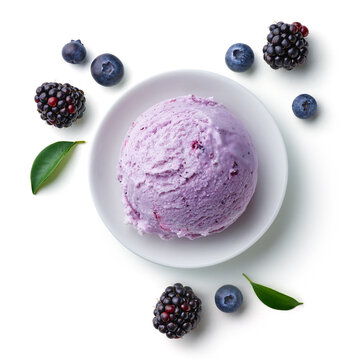 Bowl of blueberry and blackberry ice cream scoop