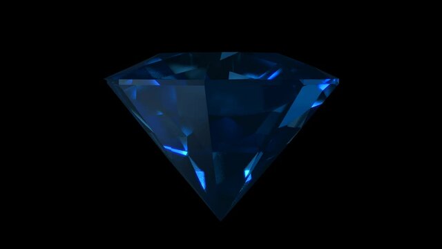 Sparkling blue round cut diamond rotating on black background. Shining saphire