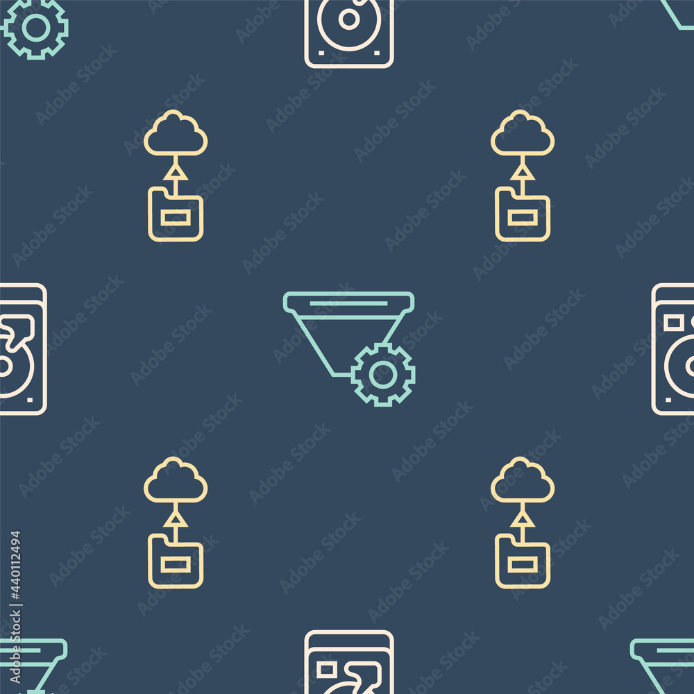 Poster set line hard disk drive hdd, cloud technology data transfer and filter setting on seamless pattern.