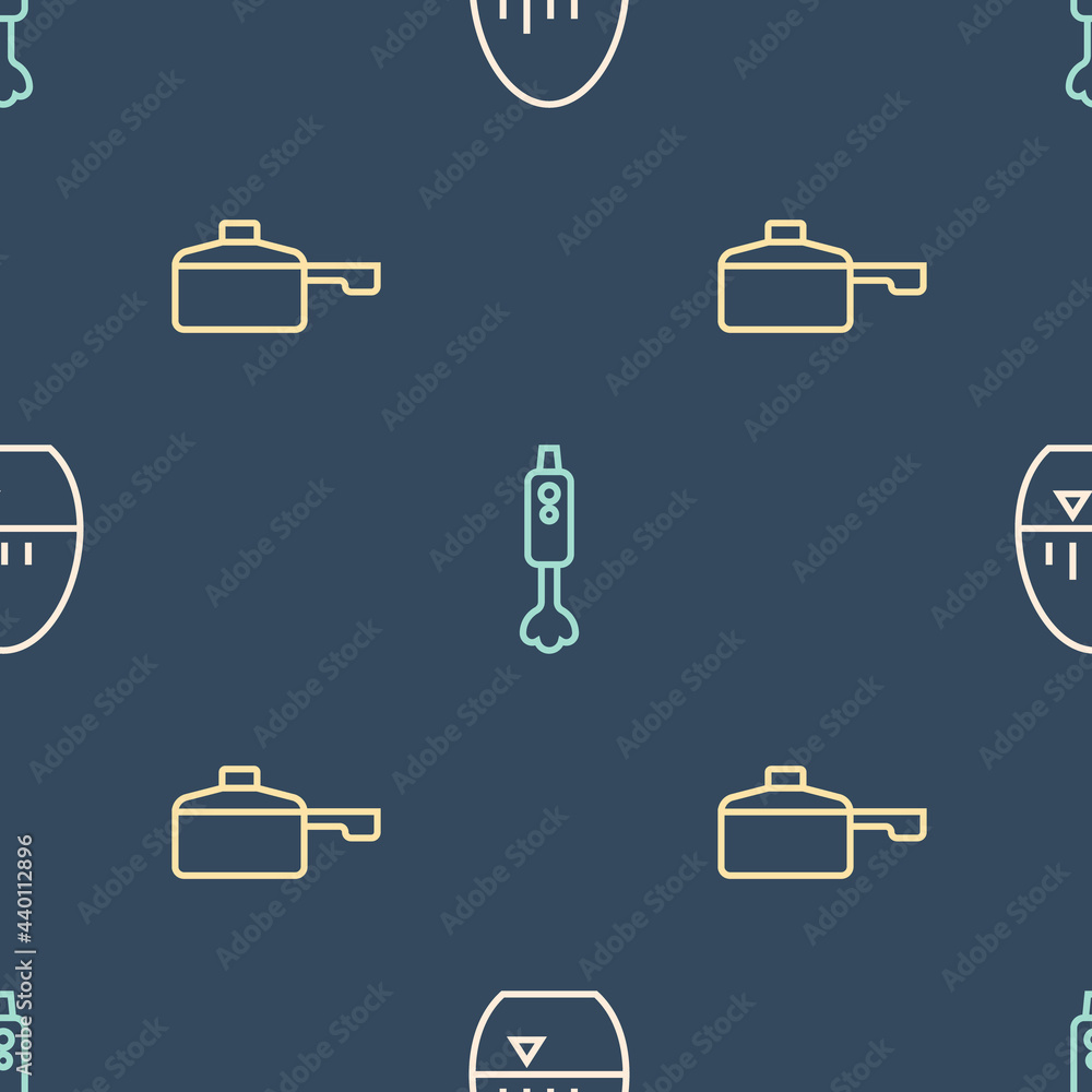 Poster set line kitchen timer, frying pan and blender on seamless pattern. vector