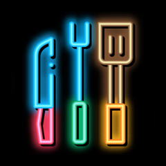 bbq utensil neon light sign vector. Glowing bright icon bbq utensil sign. transparent symbol illustration