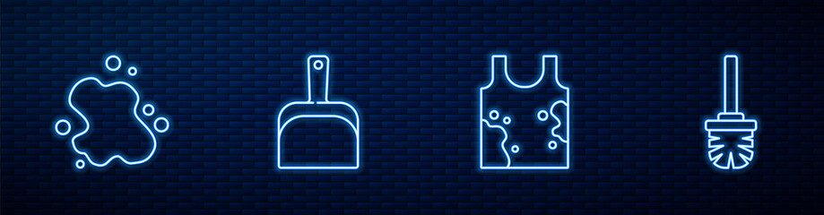 Set line Dirty t-shirt, Water spill, Dustpan and Toilet brush. Glowing neon icon on brick wall. Vector