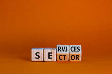 Services sector symbol. Turned wooden cubes with words services sector. Beautiful orange...