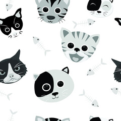  kitten face Cat vector cartoon character seamless pattern