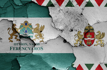 flags of District IX. (Ferencvaros) and Budapest painted on cracked wall