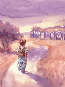 conceptual illustration of growth. Child with a backpack seen from behind walking along a country road at sunset. Road as a metaphor for life.