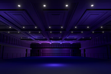 Empty convention hall center.The backdrop for exhibition stands,booth elements
.Meeting room for the conference.Big Arena for entertainment,concert,event. ballroom colorful.3d render. - obrazy, fototapety, plakaty