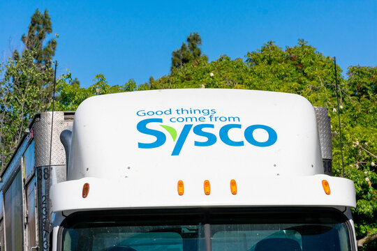 Good Things Come From Sysco sign on semi truck wind deflector. - San Jose, California, USA - 2021