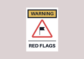 A red flag sign stylised as an industrial warning plate, relationship problems