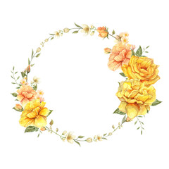 Romantic vintage Wreath - Realistic Watercolor yellow and pink roses and little jasmine flowers. For textile print or wallpaper design, an invitation for a wedding, card design.