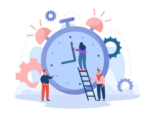 School children moving hour hand of alarm clock. Girl standing on stairs correcting chronometer flat vector illustration, boy holding stair. Time, early morning, team, countdown concept
