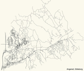 Black simple detailed street roads map on vintage beige background of the quarter Angered borough of Gothenburg, Sweden