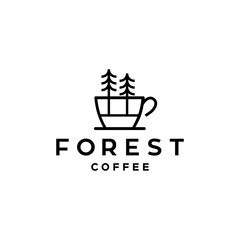 coffee cup and trees icon line art Illustration design. coffee forrest logo concept