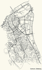 Black simple detailed street roads map on vintage beige background of the quarter Centrum (Center) borough of Gothenburg, Sweden