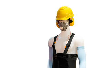 Manikin model operator wear industrial personal safety equipment such as helmet safety mask armband...
