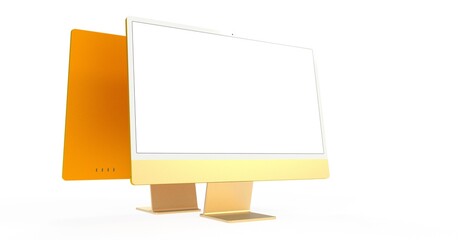 yellow Workspace blank screen desktop computer, Mockup computer gold