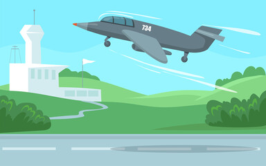 Military plane taking off. Cartoon vector illustration. Gray aircraft taking off over runway, gaining altitude and speed. Aircraft, aviation, transport, war, technology concept for banner design - obrazy, fototapety, plakaty