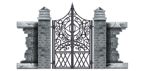 Iron wrought gothic metal gate, stone column, brick wall, decorated steel vector mansion entrance. Antique vintage architecture object, facade black Victorian grate. Classic iron gate illustration - obrazy, fototapety, plakaty
