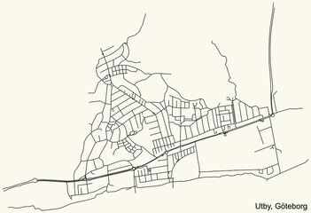 Black simple detailed street roads map on vintage beige background of the quarter Utby district of Gothenburg, Sweden