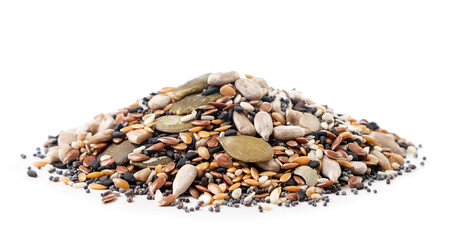 Heap of mix seeds on a white background. Isolated - obrazy, fototapety, plakaty