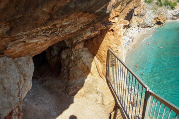 Fototapeta premium Croatia, Pasjaca beach and cliffs near Dubrovnik. Beautiful landscape taken at sunset. Seaside at sunset time. 