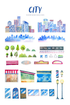 Cartoon style city watercolor collection. 