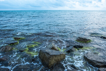 Seascape. Natural background. The sea with waves in daylight.