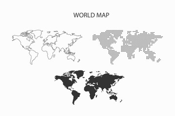 3 versions of World Map vector by thin black outline simplicity style, Black squar dot style and Dark shadow style. All in the white background.