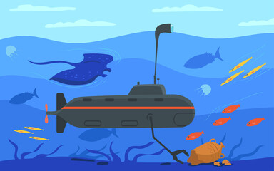 Submarine surrounded by marine life. Cartoon vector illustration. Underwater craft collecting ancient treasures from ocean bottom. Sea animal, nature, treasure hunting, ocean concept for banner design