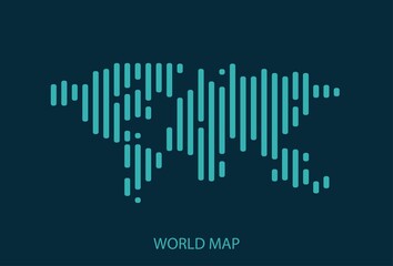 Vector abstract map of world map with blue straight rounded lines isolated on a indigo background.